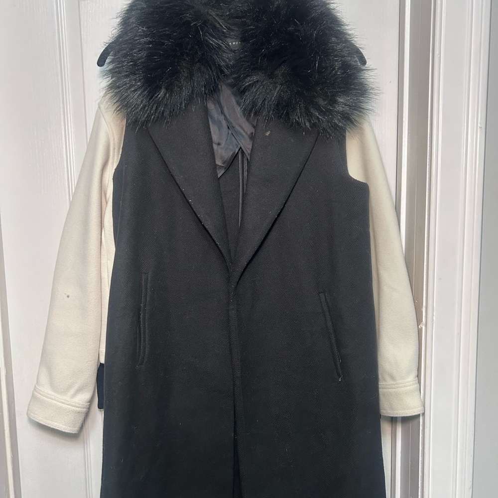 Black Wool Coat with Faux Fur Collar